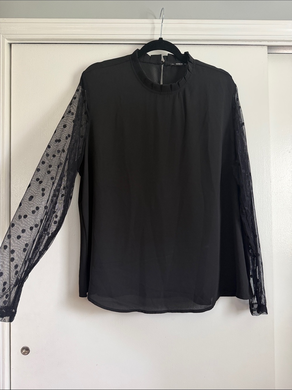SHEIN Black Ruffle Mock Neck Blouse with Sheer Polka Dot Sleeves